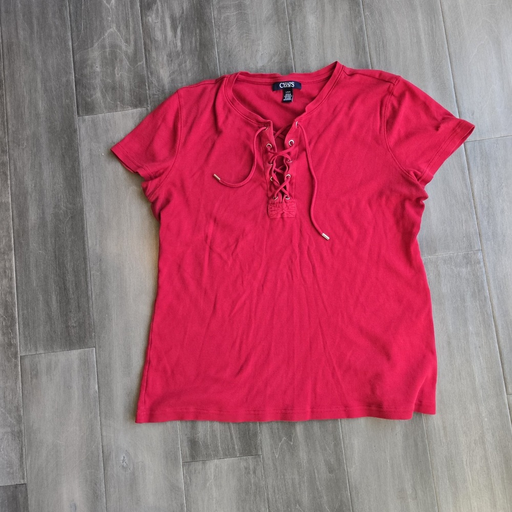 Chaps Womens Red Lace Up Neck Short Sleeve Knit Top Size Large Casual Tee
